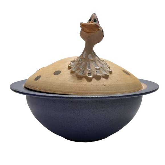 Vintage 1990s Signed Diane Marier Nesting Hen Studio Art Pottery Lidded Bowl - Picture 7 of 12